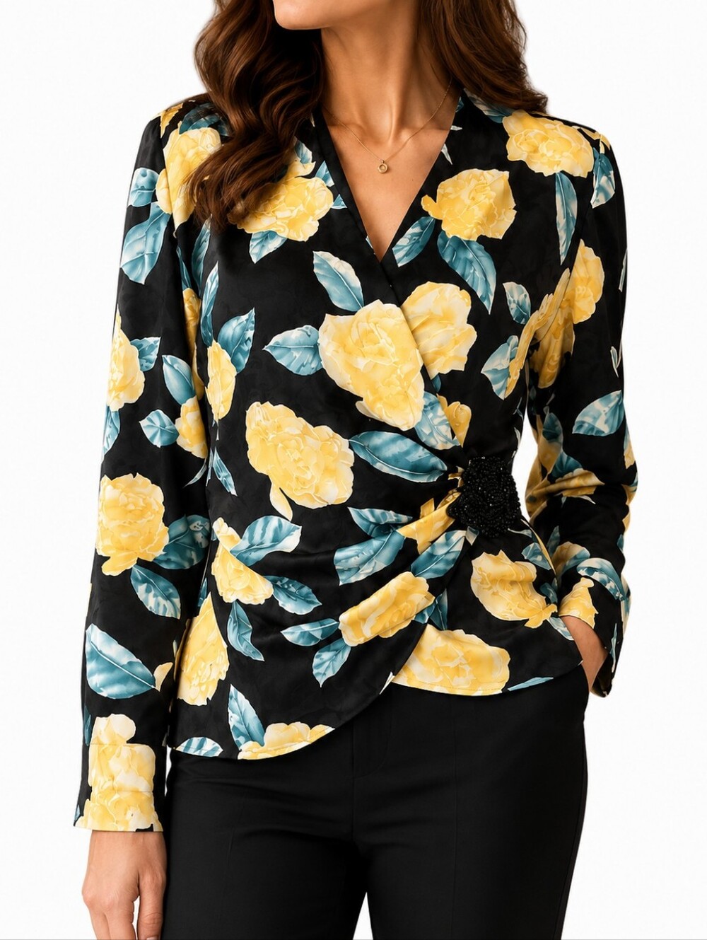 Vintage Adrianna Papell Floral Wrap Blouse Beaded Accent Black Yellow Roses Sz 6